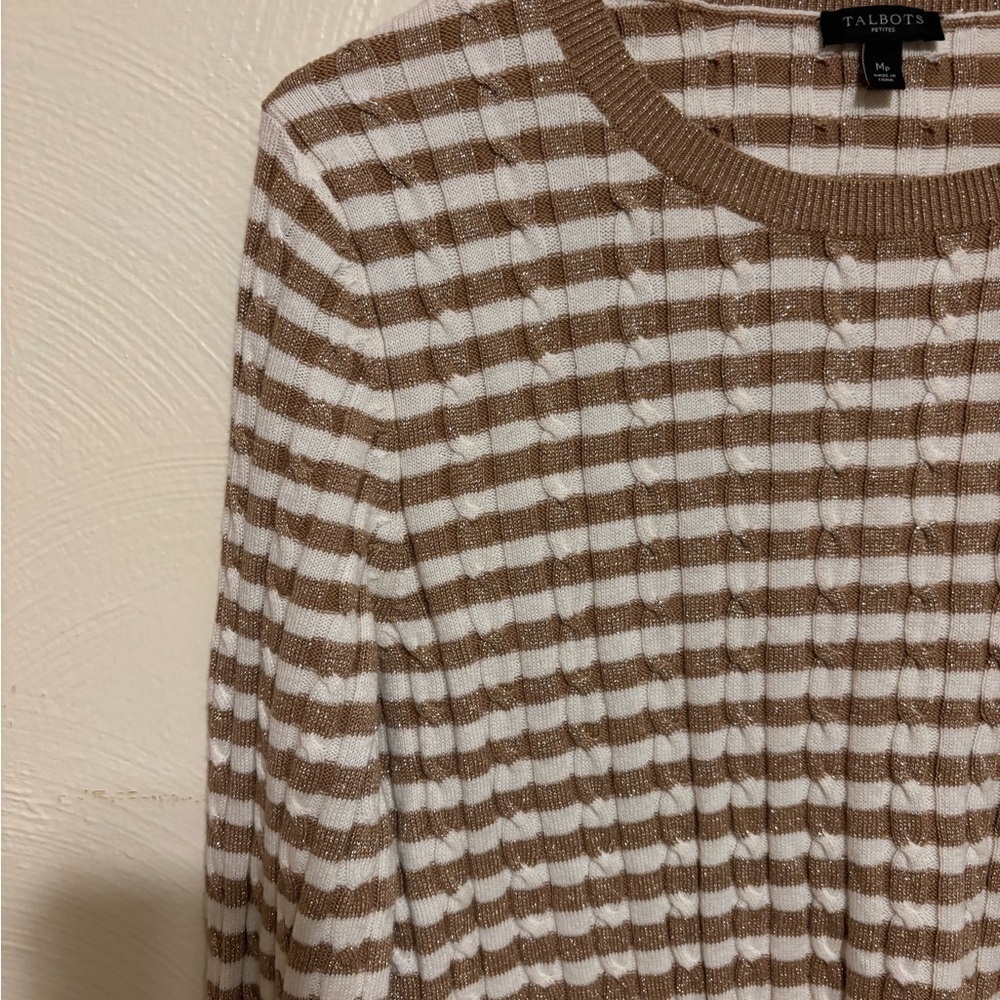 Talbots Pullover Sweater Gold Metallic Sparkle Shimmer Striped Knit Top Size PM - Picture 6 of 8